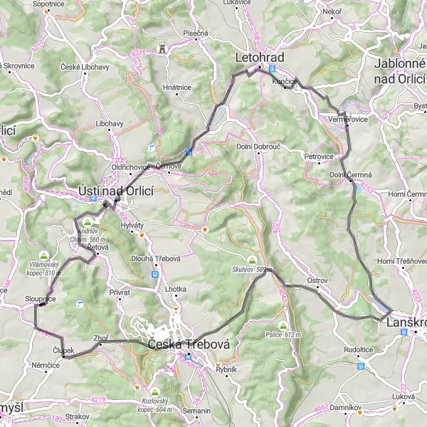 Mapa miniatúra "Road Tour: Sloupnice Exploration" cyklistická inšpirácia v Severovýchod, Czech Republic. Vygenerované cyklistickým plánovačom trás Tarmacs.app
