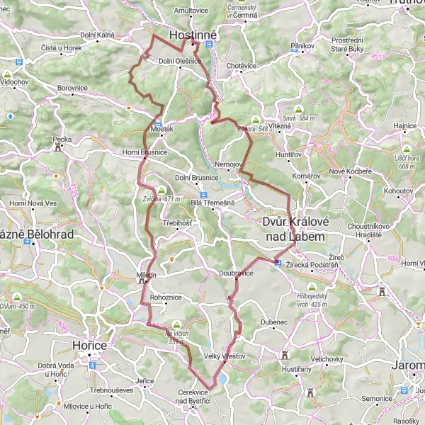 Map miniature of "Scenic Gravel Trail" cycling inspiration in Severovýchod, Czech Republic. Generated by Tarmacs.app cycling route planner