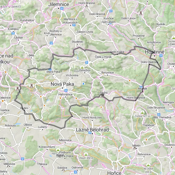Miniatura mapy "Trasa z Hostinnégo do Dolní Kalné" - trasy rowerowej w Severovýchod, Czech Republic. Wygenerowane przez planer tras rowerowych Tarmacs.app