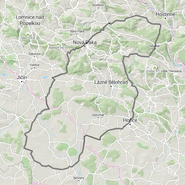 Karten-Miniaturansicht der Radinspiration "100 km Road Adventure von Hostinné" in Severovýchod, Czech Republic. Erstellt vom Tarmacs.app-Routenplaner für Radtouren