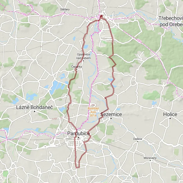 Miniaturní mapa "Okruh kolem Hradce Králové" inspirace pro cyklisty v oblasti Severovýchod, Czech Republic. Vytvořeno pomocí plánovače tras Tarmacs.app