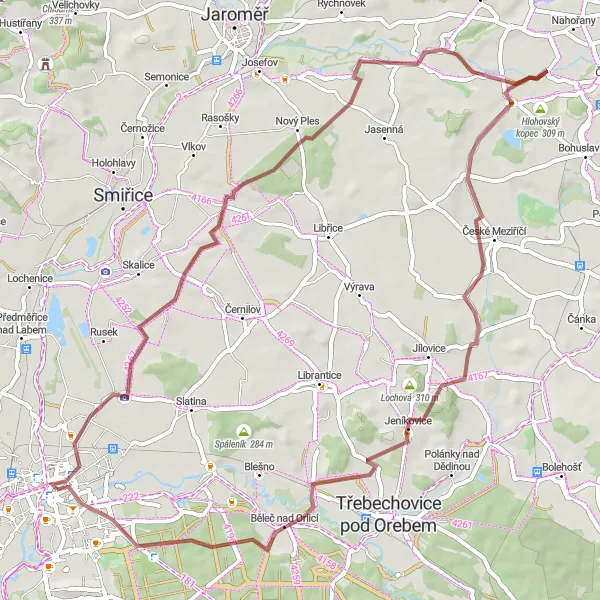 Miniaturní mapa "Gravelový okruh kolem Hradce Králové" inspirace pro cyklisty v oblasti Severovýchod, Czech Republic. Vytvořeno pomocí plánovače tras Tarmacs.app