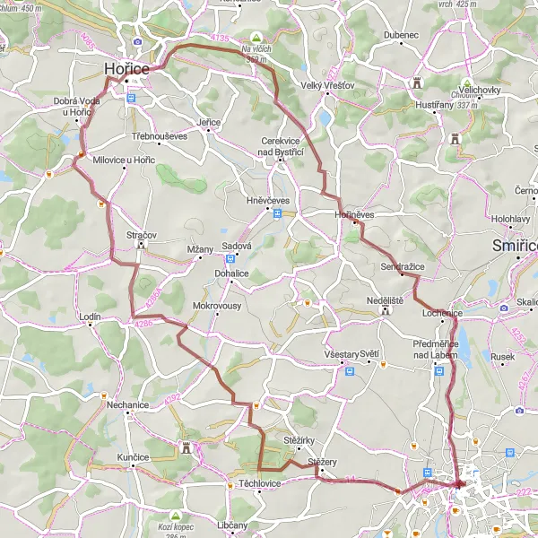 Mapa miniatúra "Cyklotrasa na štrkových cestách s výstupom 523m na 65 km" cyklistická inšpirácia v Severovýchod, Czech Republic. Vygenerované cyklistickým plánovačom trás Tarmacs.app