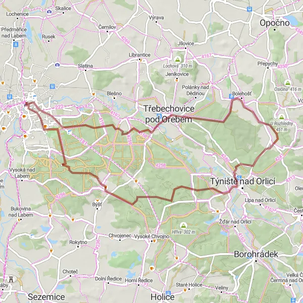 Miniaturní mapa "Gravelová exkurze kolem Hradce Králové" inspirace pro cyklisty v oblasti Severovýchod, Czech Republic. Vytvořeno pomocí plánovače tras Tarmacs.app