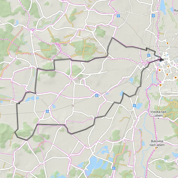 Miniaturní mapa "Okruh kolem Hradce Králové" inspirace pro cyklisty v oblasti Severovýchod, Czech Republic. Vytvořeno pomocí plánovače tras Tarmacs.app