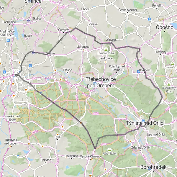 Miniaturní mapa "Kolem Hradce Králové" inspirace pro cyklisty v oblasti Severovýchod, Czech Republic. Vytvořeno pomocí plánovače tras Tarmacs.app