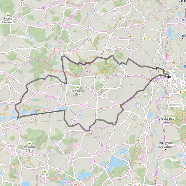 Mapa miniatúra "Okruh po silnici s 275m stúpania na 62 km" cyklistická inšpirácia v Severovýchod, Czech Republic. Vygenerované cyklistickým plánovačom trás Tarmacs.app