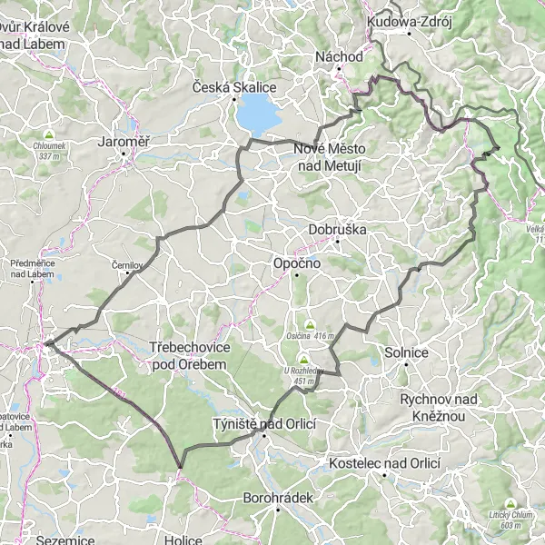 Mapa miniatúra "Trasa cez kopce na ceste so 1572m stúpania na 123 km" cyklistická inšpirácia v Severovýchod, Czech Republic. Vygenerované cyklistickým plánovačom trás Tarmacs.app