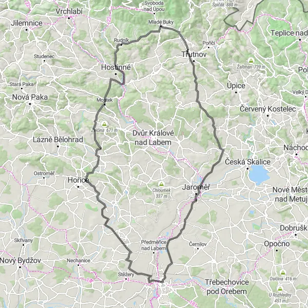 Miniaturní mapa "Výlet do okolí Hradce Králové" inspirace pro cyklisty v oblasti Severovýchod, Czech Republic. Vytvořeno pomocí plánovače tras Tarmacs.app