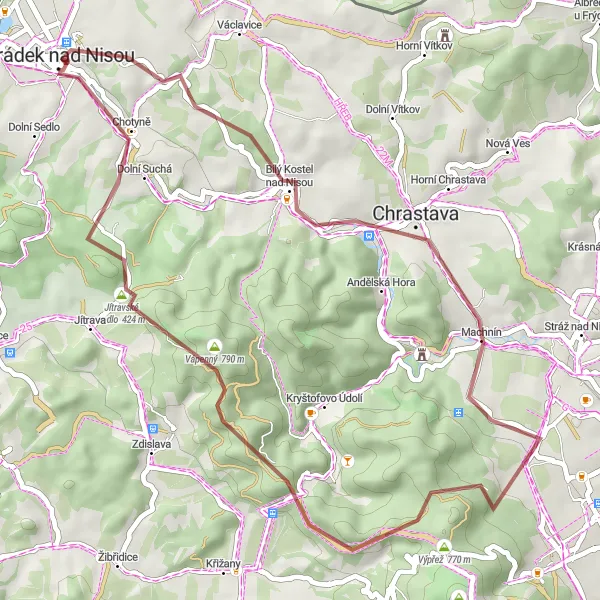 Mapa miniatúra "Gravel Excursion to Malý Ještěd" cyklistická inšpirácia v Severovýchod, Czech Republic. Vygenerované cyklistickým plánovačom trás Tarmacs.app