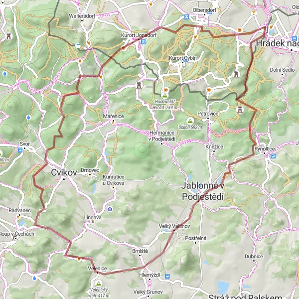 Map miniature of "Jablonné v Podještědí Gravel Loop" cycling inspiration in Severovýchod, Czech Republic. Generated by Tarmacs.app cycling route planner