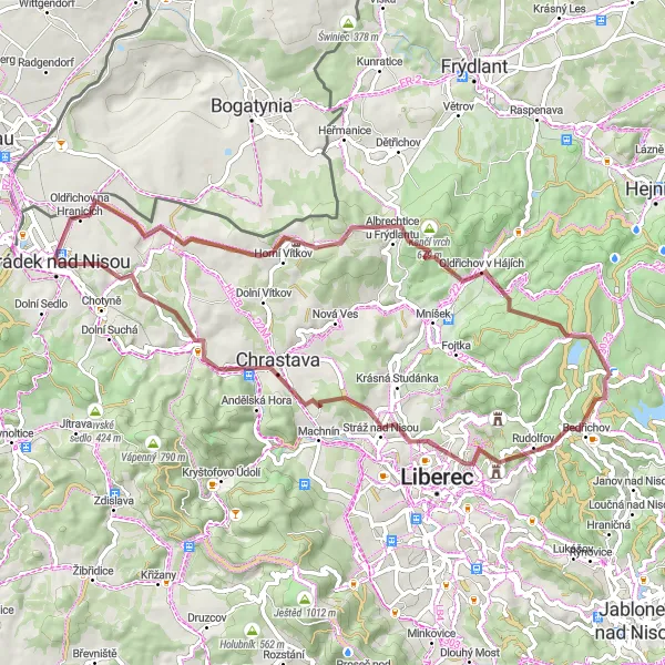 Miniaturní mapa "Gravelový okruh kolem Bedřichova" inspirace pro cyklisty v oblasti Severovýchod, Czech Republic. Vytvořeno pomocí plánovače tras Tarmacs.app
