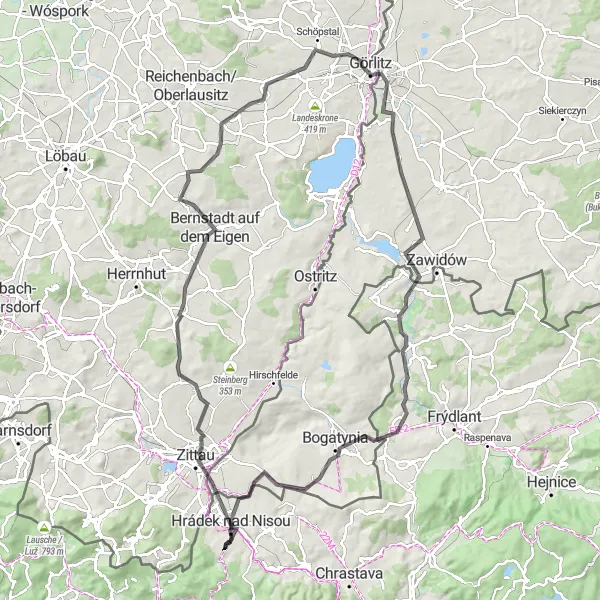 Map miniature of "Zittau and Görlitz Loop" cycling inspiration in Severovýchod, Czech Republic. Generated by Tarmacs.app cycling route planner