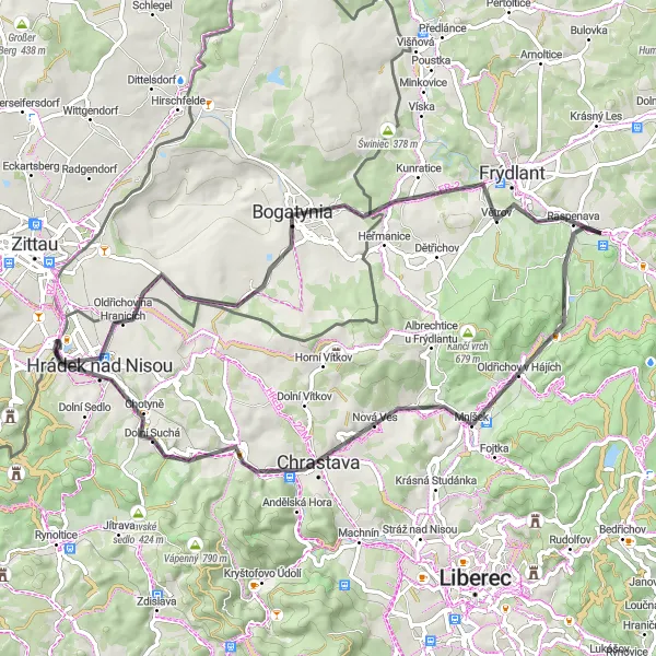 Karten-Miniaturansicht der Radinspiration "Entdecken Sie die Schönheit von Větrov und Kopřivník" in Severovýchod, Czech Republic. Erstellt vom Tarmacs.app-Routenplaner für Radtouren