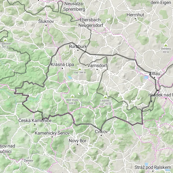 Mapa miniatúra "Okruh Hrádek nad Nisou - Petrovice - Holý vrch - Kytlice - Kozí hřbety - Velká hůrka - Jetřichovice - Ptačí kámen - Rudolfův kámen - Rumburk - Windmühlberg - La Montanara - Zittau" cyklistická inšpirácia v Severovýchod, Czech Republic. Vygenerované cyklistickým plánovačom trás Tarmacs.app