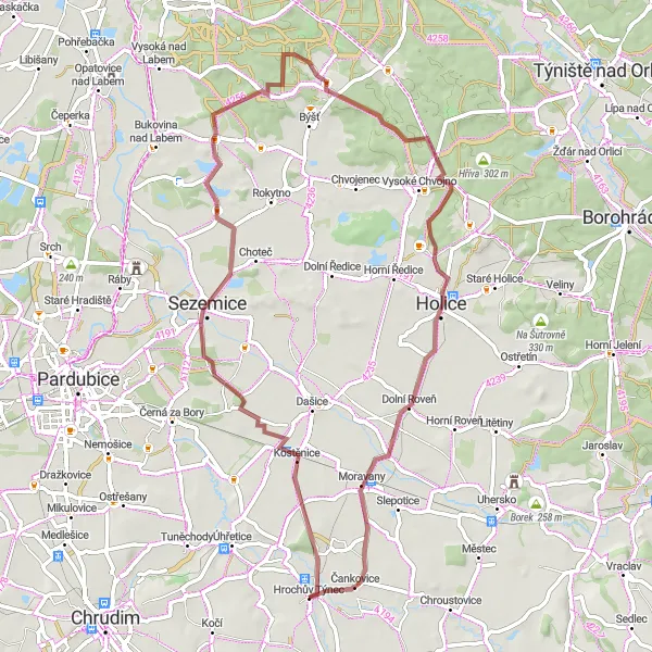 Mapa miniatúra "Gravel okolo Hrochůva Týnce" cyklistická inšpirácia v Severovýchod, Czech Republic. Vygenerované cyklistickým plánovačom trás Tarmacs.app