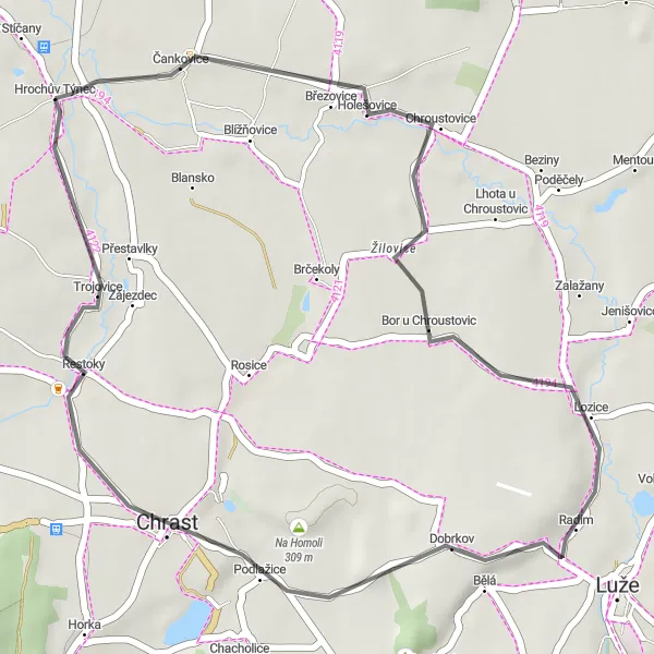 Miniatura mapy "Krótka trasa rowerowa w okolicach Hrochův Týnec" - trasy rowerowej w Severovýchod, Czech Republic. Wygenerowane przez planer tras rowerowych Tarmacs.app