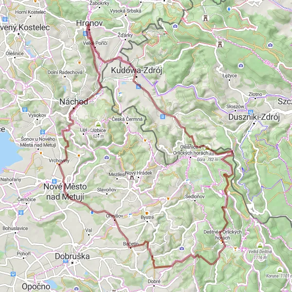 Map miniature of "Hronov Gravel Adventure" cycling inspiration in Severovýchod, Czech Republic. Generated by Tarmacs.app cycling route planner