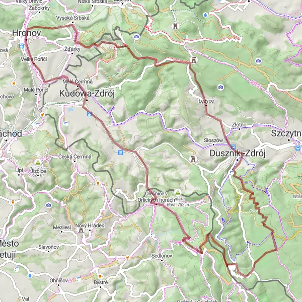 Map miniature of "Mountains and Castles Gravel Adventure" cycling inspiration in Severovýchod, Czech Republic. Generated by Tarmacs.app cycling route planner