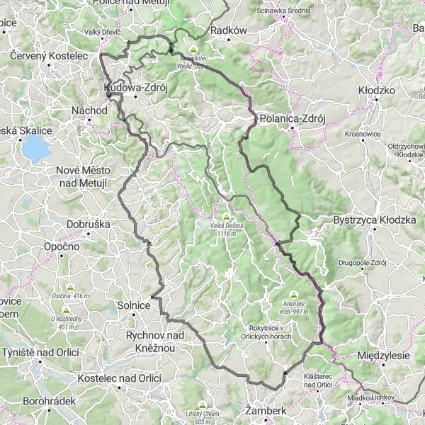 Karten-Miniaturansicht der Radinspiration "Herausfordernde Rundtour ab Hronov - Die Berge rufen" in Severovýchod, Czech Republic. Erstellt vom Tarmacs.app-Routenplaner für Radtouren