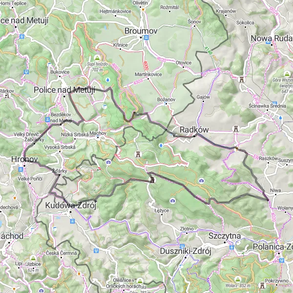 Miniaturní mapa "Road Route Hronov - Žďárky" inspirace pro cyklisty v oblasti Severovýchod, Czech Republic. Vytvořeno pomocí plánovače tras Tarmacs.app