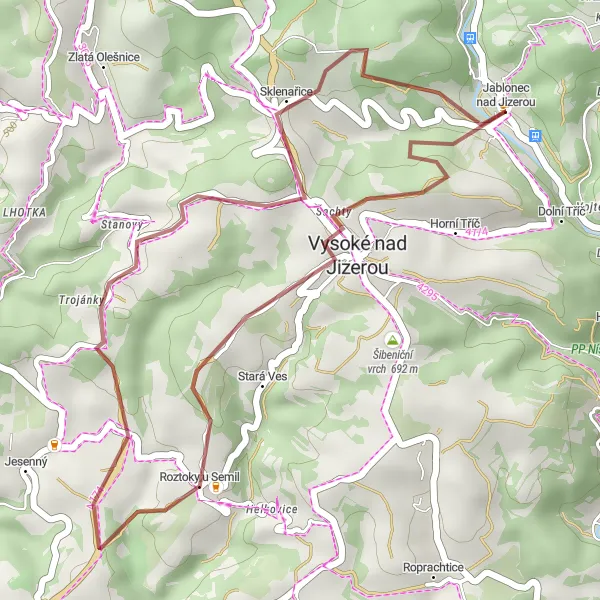 Map miniature of "Semil Gravel Loop" cycling inspiration in Severovýchod, Czech Republic. Generated by Tarmacs.app cycling route planner