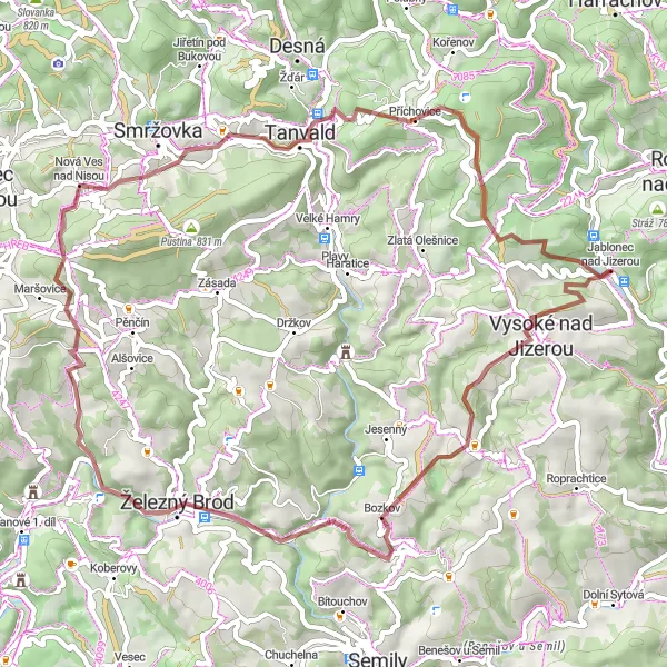 Karten-Miniaturansicht der Radinspiration "Gravelroute um Jablonec nad Jizerou" in Severovýchod, Czech Republic. Erstellt vom Tarmacs.app-Routenplaner für Radtouren