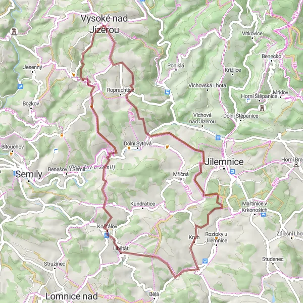 Mapa miniatúra "Gravelová trasa s krásnymi výhľadmi" cyklistická inšpirácia v Severovýchod, Czech Republic. Vygenerované cyklistickým plánovačom trás Tarmacs.app