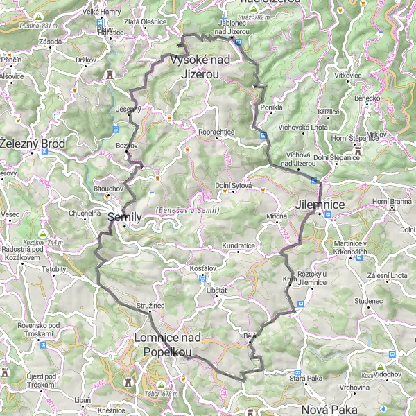 Map miniature of "Jablonec nad Jizerou Loop" cycling inspiration in Severovýchod, Czech Republic. Generated by Tarmacs.app cycling route planner
