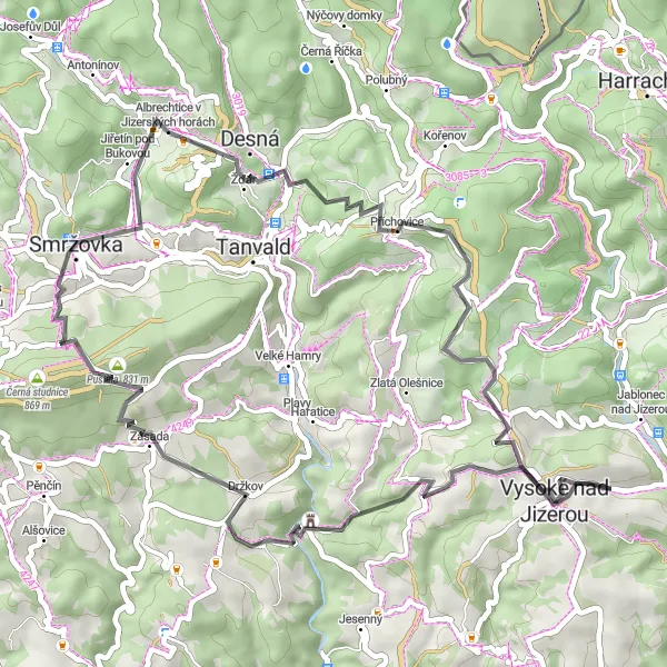 Mapa miniatúra "Vyhlídková cesta Jablonec nad Jizerou - Horní Tříč" cyklistická inšpirácia v Severovýchod, Czech Republic. Vygenerované cyklistickým plánovačom trás Tarmacs.app