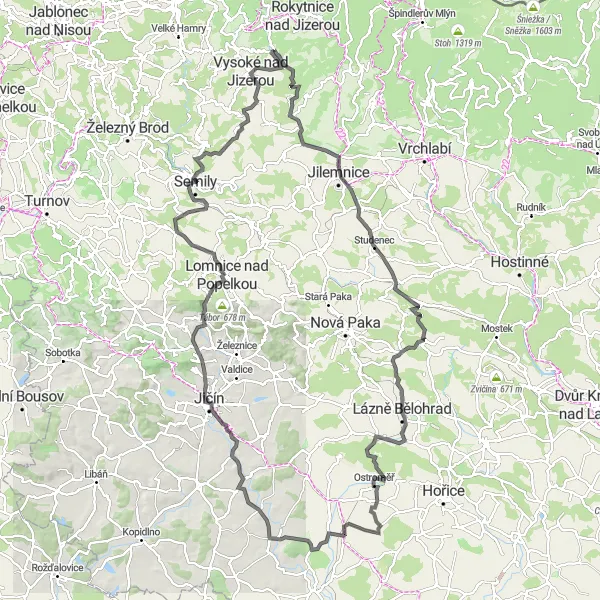 Map miniature of "Jablonec to Pecky" cycling inspiration in Severovýchod, Czech Republic. Generated by Tarmacs.app cycling route planner