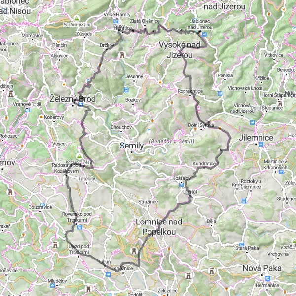 Mapa miniatúra "Cyklotrasa s náročným stúpaním" cyklistická inšpirácia v Severovýchod, Czech Republic. Vygenerované cyklistickým plánovačom trás Tarmacs.app