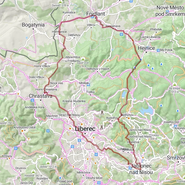 Mapa miniatúra "Gravelová jízda kolem Jablonce nad Nisou" cyklistická inšpirácia v Severovýchod, Czech Republic. Vygenerované cyklistickým plánovačom trás Tarmacs.app