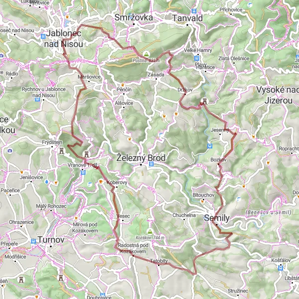 Map miniature of "Gravel Route - Jablonecké Paseky Discovery" cycling inspiration in Severovýchod, Czech Republic. Generated by Tarmacs.app cycling route planner