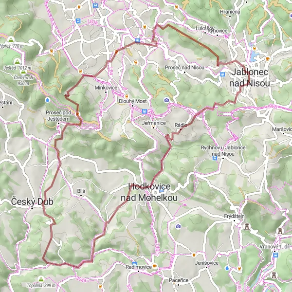 Mapa miniatúra "Gravelová exkurzia Rádlo - Kunratice" cyklistická inšpirácia v Severovýchod, Czech Republic. Vygenerované cyklistickým plánovačom trás Tarmacs.app