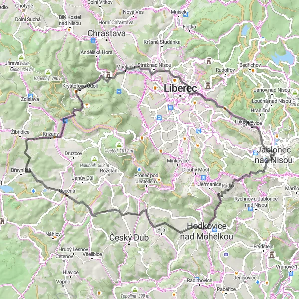 Karten-Miniaturansicht der Radinspiration "Erkunden Sie die malerische Landschaft um Jablonec nad Nisou" in Severovýchod, Czech Republic. Erstellt vom Tarmacs.app-Routenplaner für Radtouren