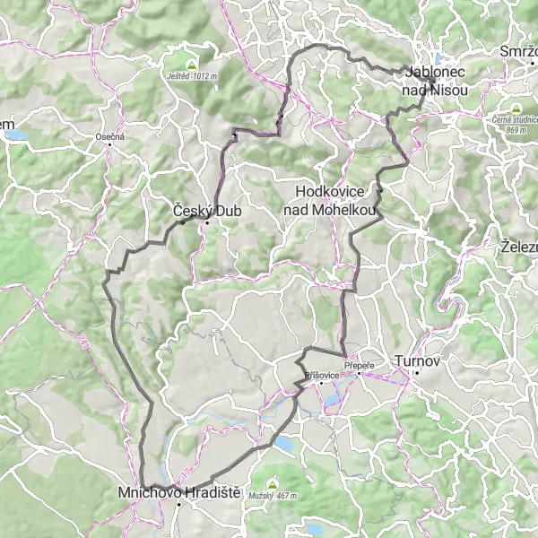 Miniaturní mapa "Okruh kolem Jablonce nad Nisou" inspirace pro cyklisty v oblasti Severovýchod, Czech Republic. Vytvořeno pomocí plánovače tras Tarmacs.app