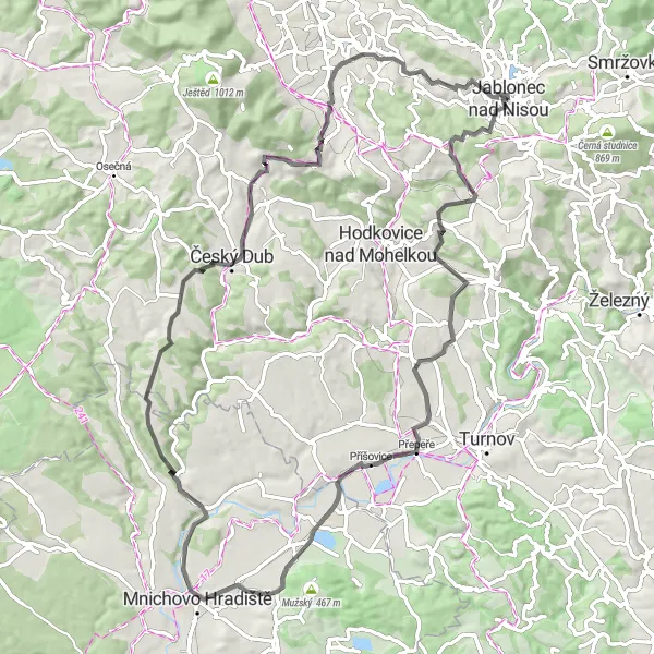 Miniaturní mapa "Road výlet kolem Jablonce nad Nisou" inspirace pro cyklisty v oblasti Severovýchod, Czech Republic. Vytvořeno pomocí plánovače tras Tarmacs.app