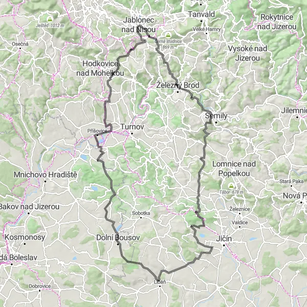 Miniaturní mapa "Road hrdolap kolem Jablonce nad Nisou" inspirace pro cyklisty v oblasti Severovýchod, Czech Republic. Vytvořeno pomocí plánovače tras Tarmacs.app