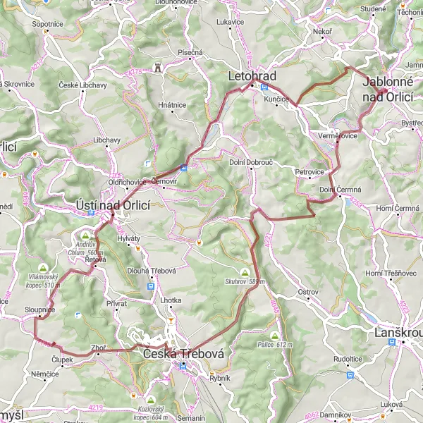 Map miniature of "Gravel Circuit through the Orlické Hory Mountains" cycling inspiration in Severovýchod, Czech Republic. Generated by Tarmacs.app cycling route planner