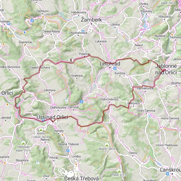 Map miniature of "Scenic Gravel Ride to Dolní Dobrouč" cycling inspiration in Severovýchod, Czech Republic. Generated by Tarmacs.app cycling route planner