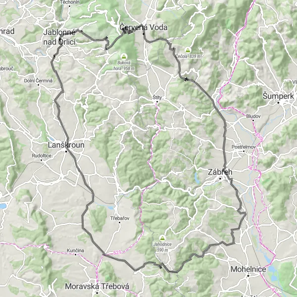 Map miniature of "Road Adventure in the Orlické Hory Mountains" cycling inspiration in Severovýchod, Czech Republic. Generated by Tarmacs.app cycling route planner