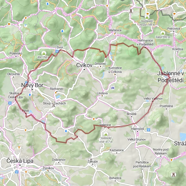 Miniaturní mapa "Gravelový okruh Velký Valtinov - Jablonné v Podještědí" inspirace pro cyklisty v oblasti Severovýchod, Czech Republic. Vytvořeno pomocí plánovače tras Tarmacs.app