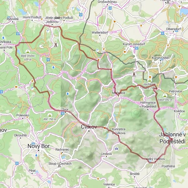 Miniaturní mapa "Gravel Tour around Jablonné v Podještědí" inspirace pro cyklisty v oblasti Severovýchod, Czech Republic. Vytvořeno pomocí plánovače tras Tarmacs.app
