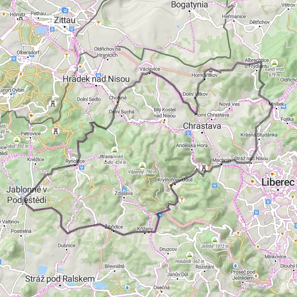 Miniaturní mapa "Okruh kolem Jablonné v Podještědí" inspirace pro cyklisty v oblasti Severovýchod, Czech Republic. Vytvořeno pomocí plánovače tras Tarmacs.app