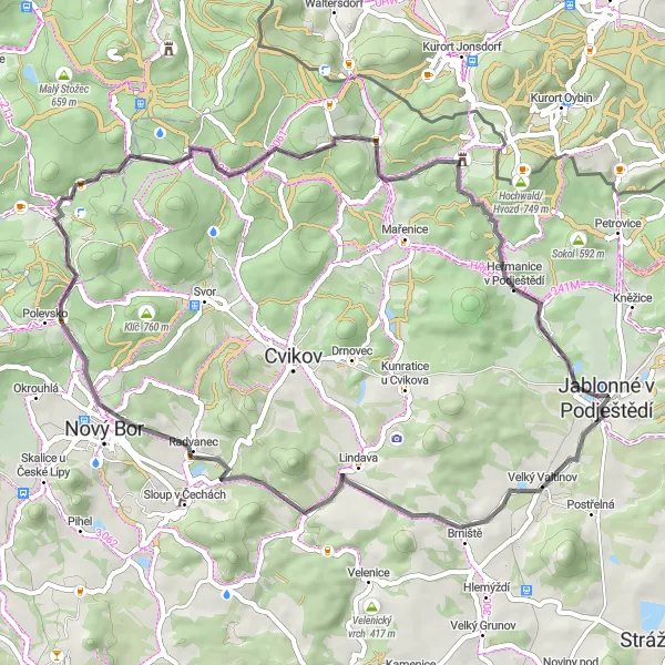 Map miniature of "The Historic Trail of Podještědí" cycling inspiration in Severovýchod, Czech Republic. Generated by Tarmacs.app cycling route planner