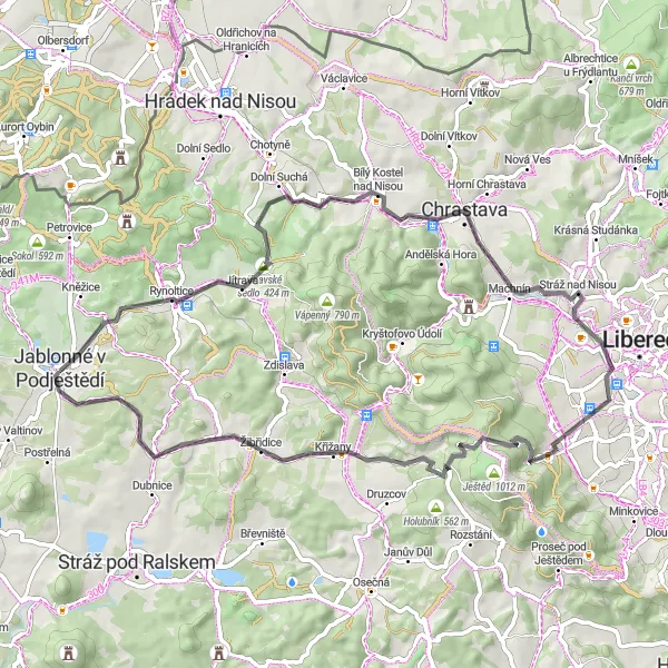 Miniaturní mapa "Cyklistické dobrodružství u Jablonného v Podještědí" inspirace pro cyklisty v oblasti Severovýchod, Czech Republic. Vytvořeno pomocí plánovače tras Tarmacs.app