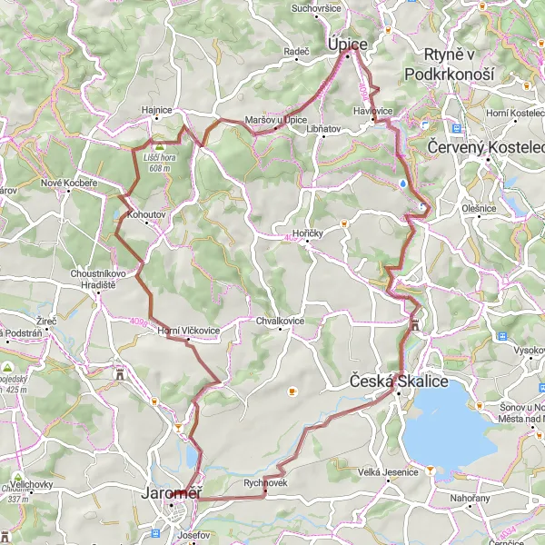 Miniaturní mapa "Okruh kolem Jaroměře a okolí" inspirace pro cyklisty v oblasti Severovýchod, Czech Republic. Vytvořeno pomocí plánovače tras Tarmacs.app