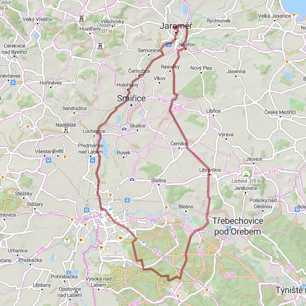 Map miniature of "Jaroměř Gravel Ride" cycling inspiration in Severovýchod, Czech Republic. Generated by Tarmacs.app cycling route planner