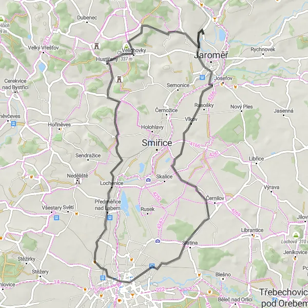 Map miniature of "Road Cycling Explorations near Jaroměř" cycling inspiration in Severovýchod, Czech Republic. Generated by Tarmacs.app cycling route planner